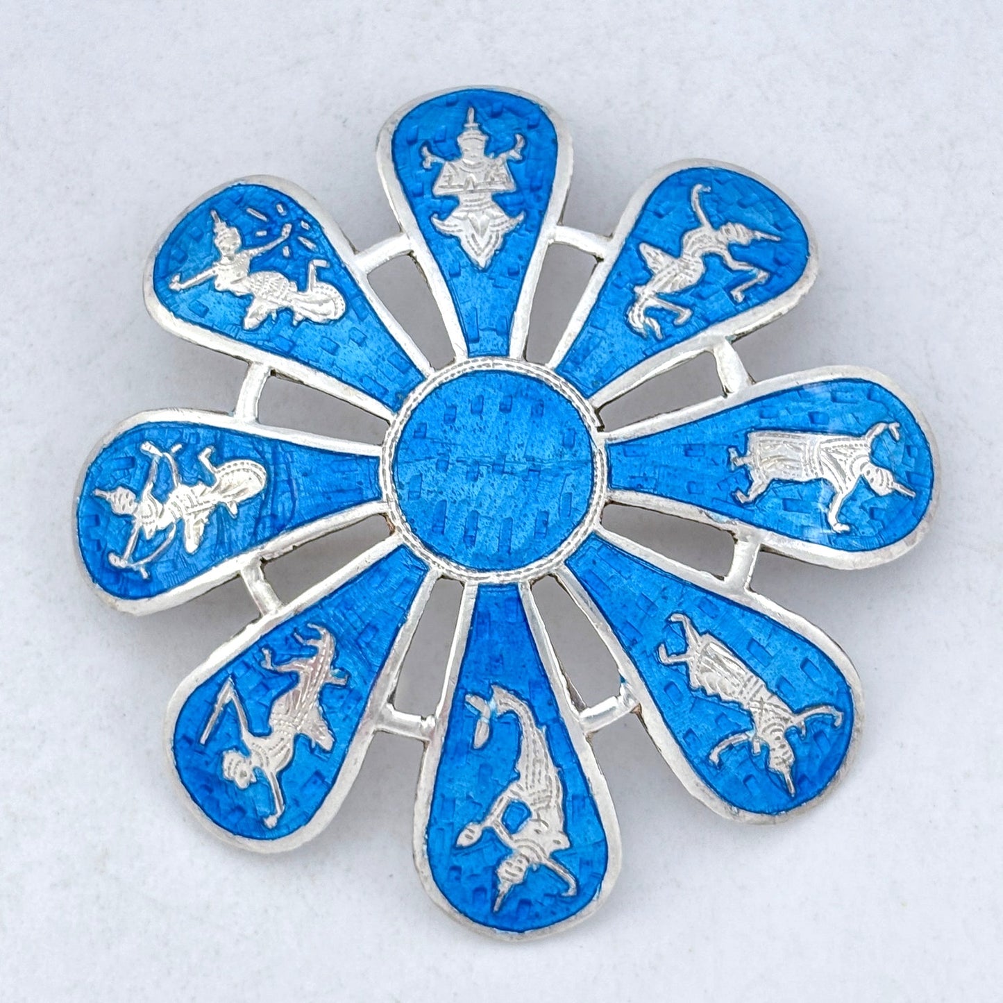 Vintage Sterling Silver 925 Siam Blue Enamel Flower Brooch