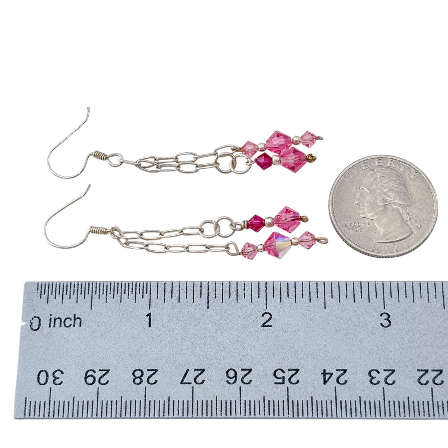 Vintage Sterling Silver 925 Pink Crystal Chain Dangle Earrings
