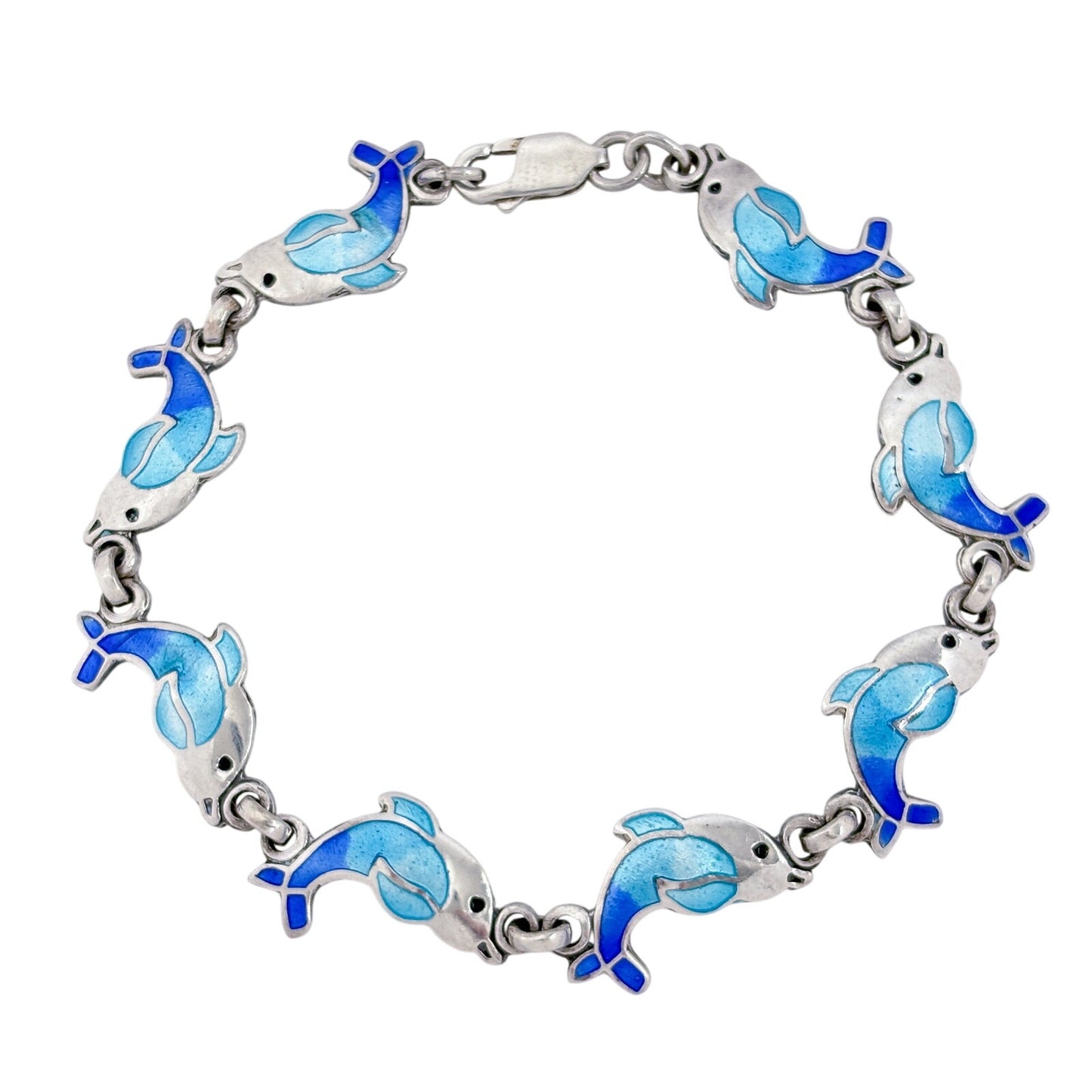 Vintage Sterling Silver 925 Blue Enamel Dolphin Bracelet 8"