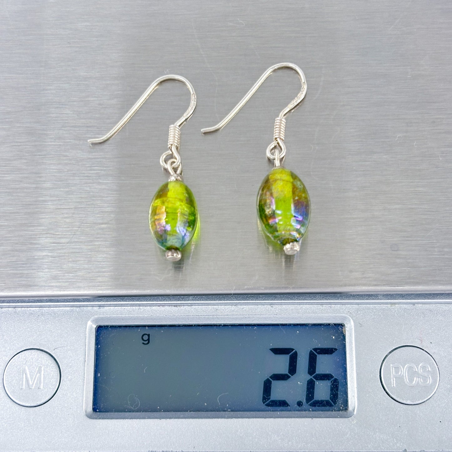 Vintage Sterling Silver 925 Green Glass Bead Drop Earrings