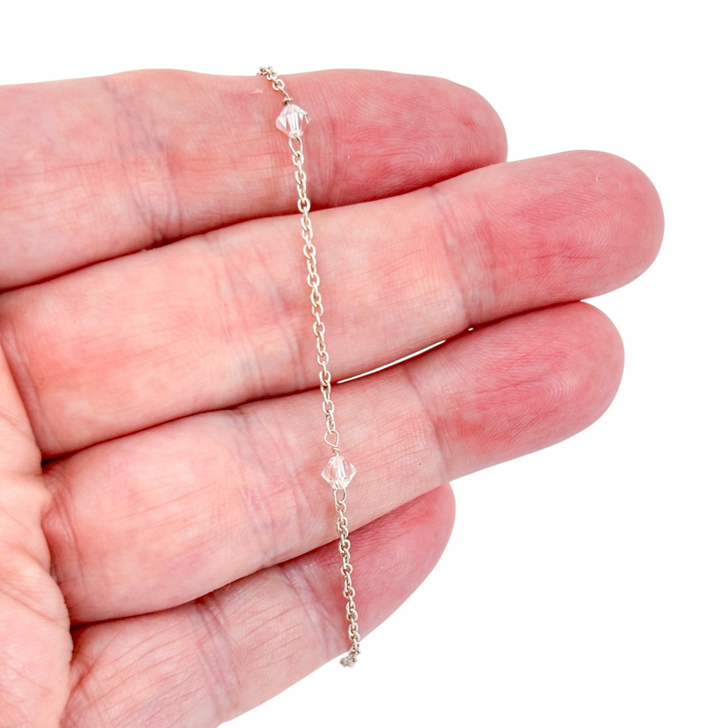 Vintage Sterling Silver 925 Dainty Crystal Station Chain Bracelet 7.5"
