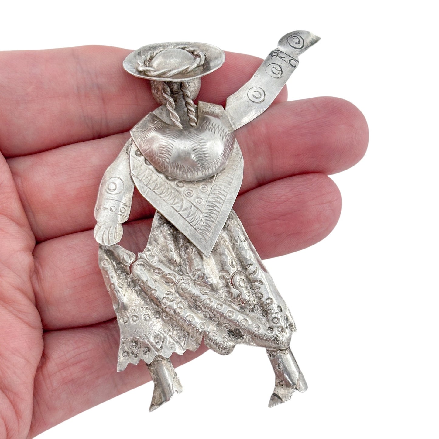Vintage Peru Sterling Silver 925 Indigenous Woman Dancer Brooch
