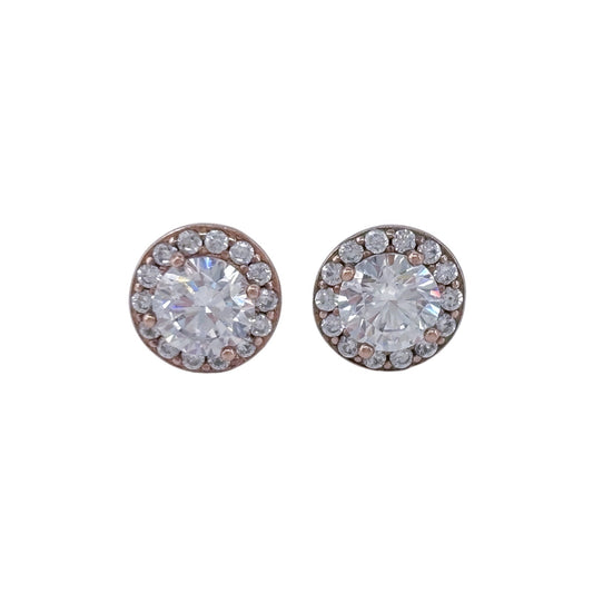 Vintage Rose Gold-Tone Sterling Silver 925 Cubic Zirconia Halo Stud Earrings