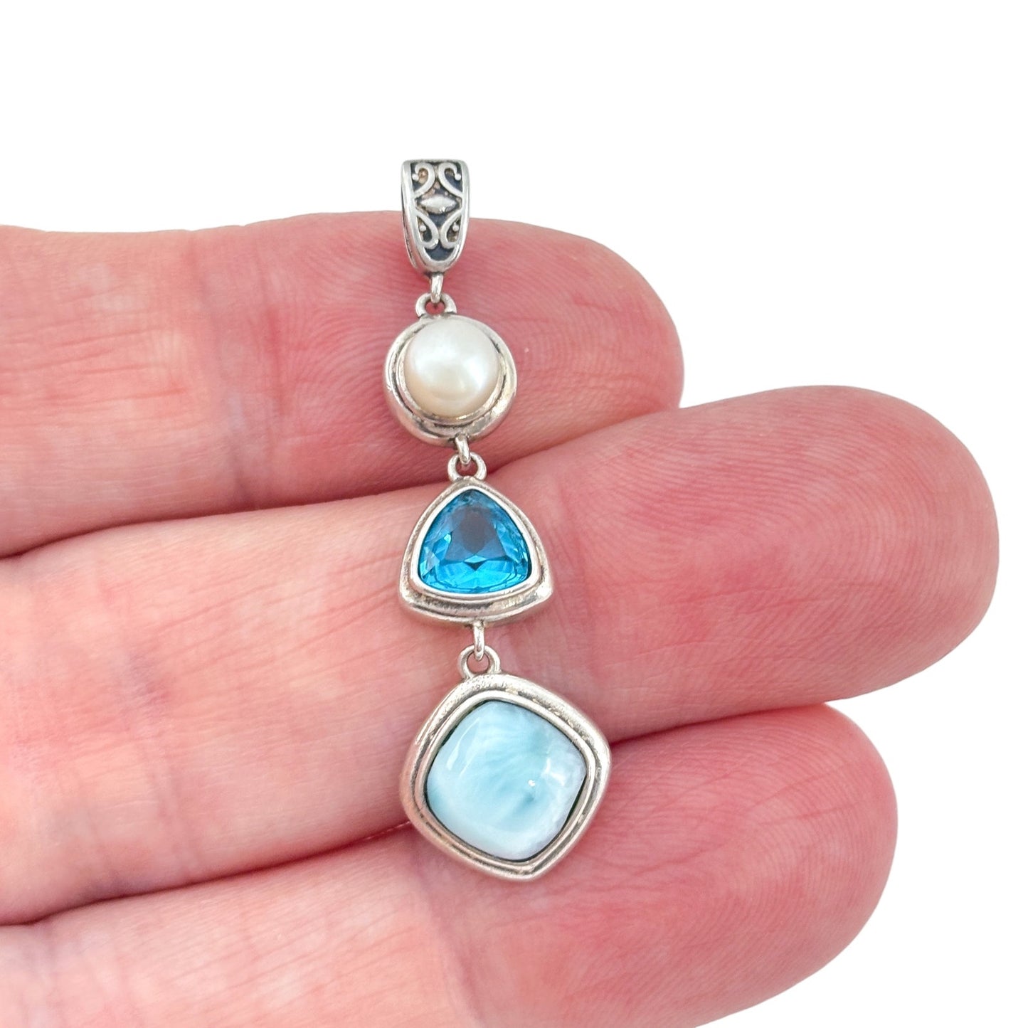 Vintage Sterling Silver 925 Pearl Larimar Cubic Zirconia Pendant