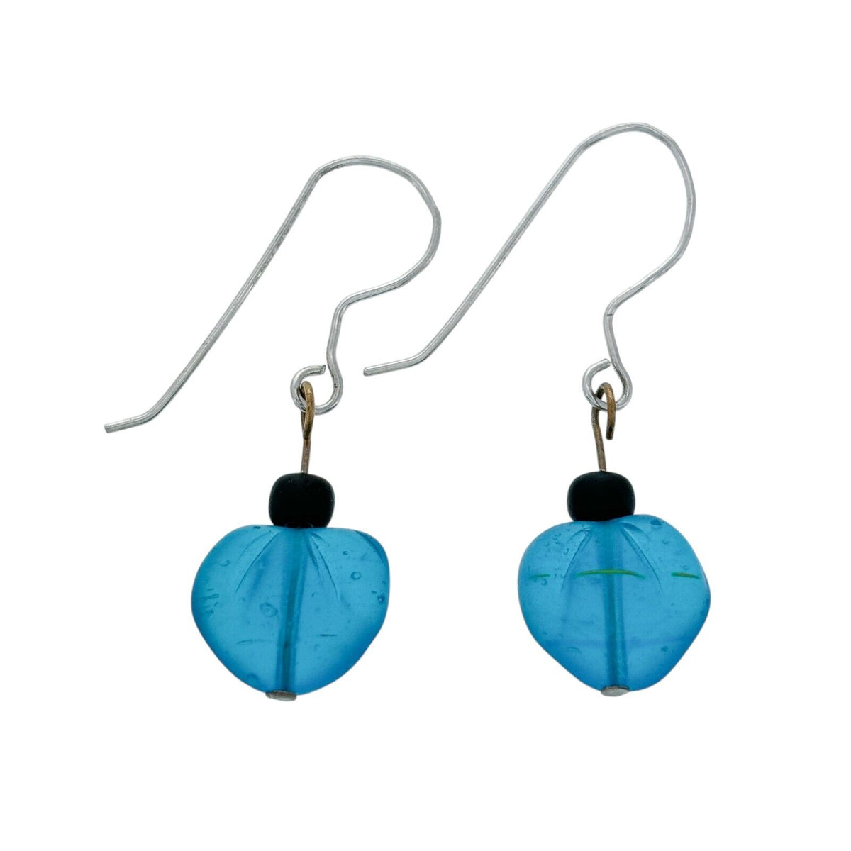 Vintage Silver Tone Blue Sea Glass Heart Dangle Earrings