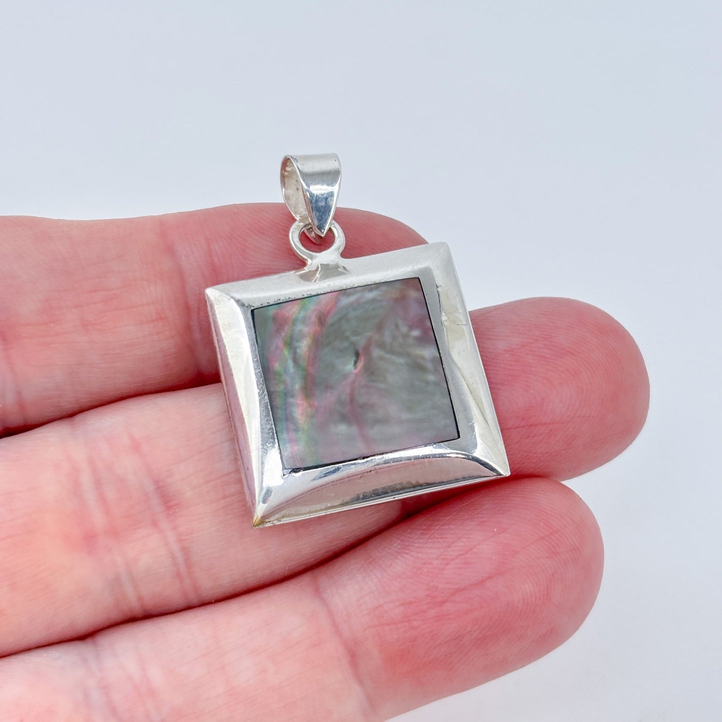 Vintage Sterling Silver 925 Mother of Pearl Square Pendant