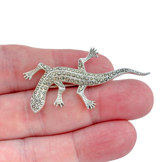 Vintage Sterling Silver 925 Marcasite Lizard Brooch