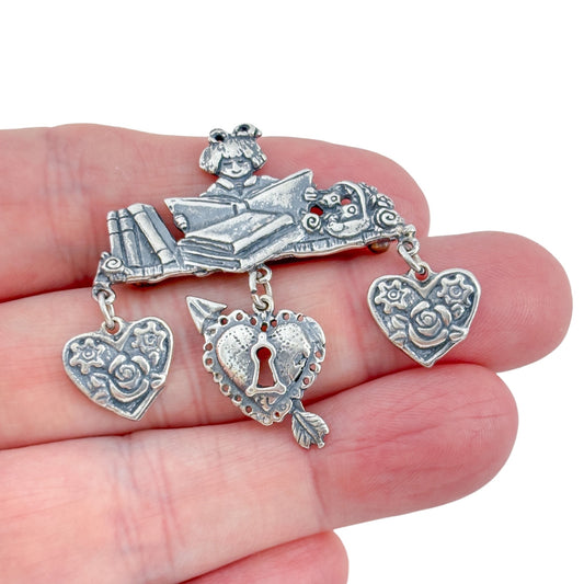 Vintage Sterling Silver 925 Mary Engelbreit Reading Brooch