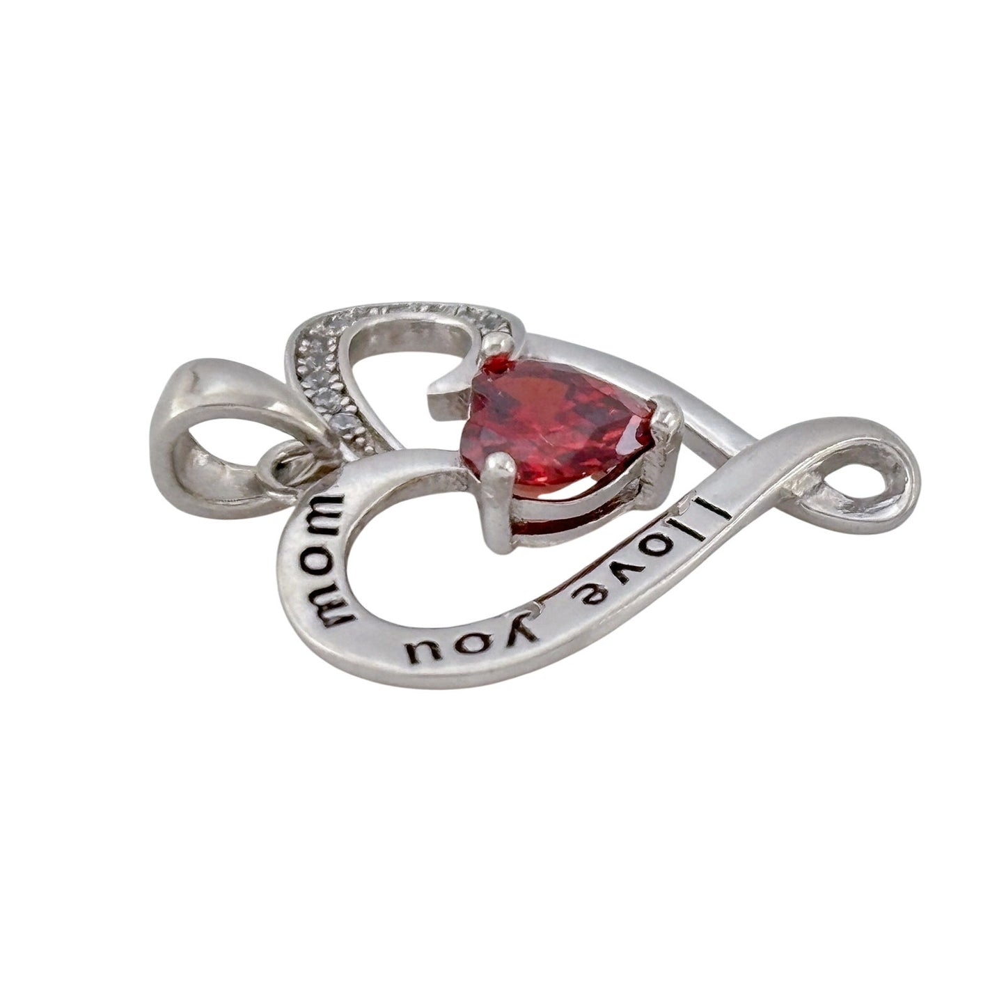 Vintage Sterling Silver 925 Simulated Ruby Mom Heart Pendant
