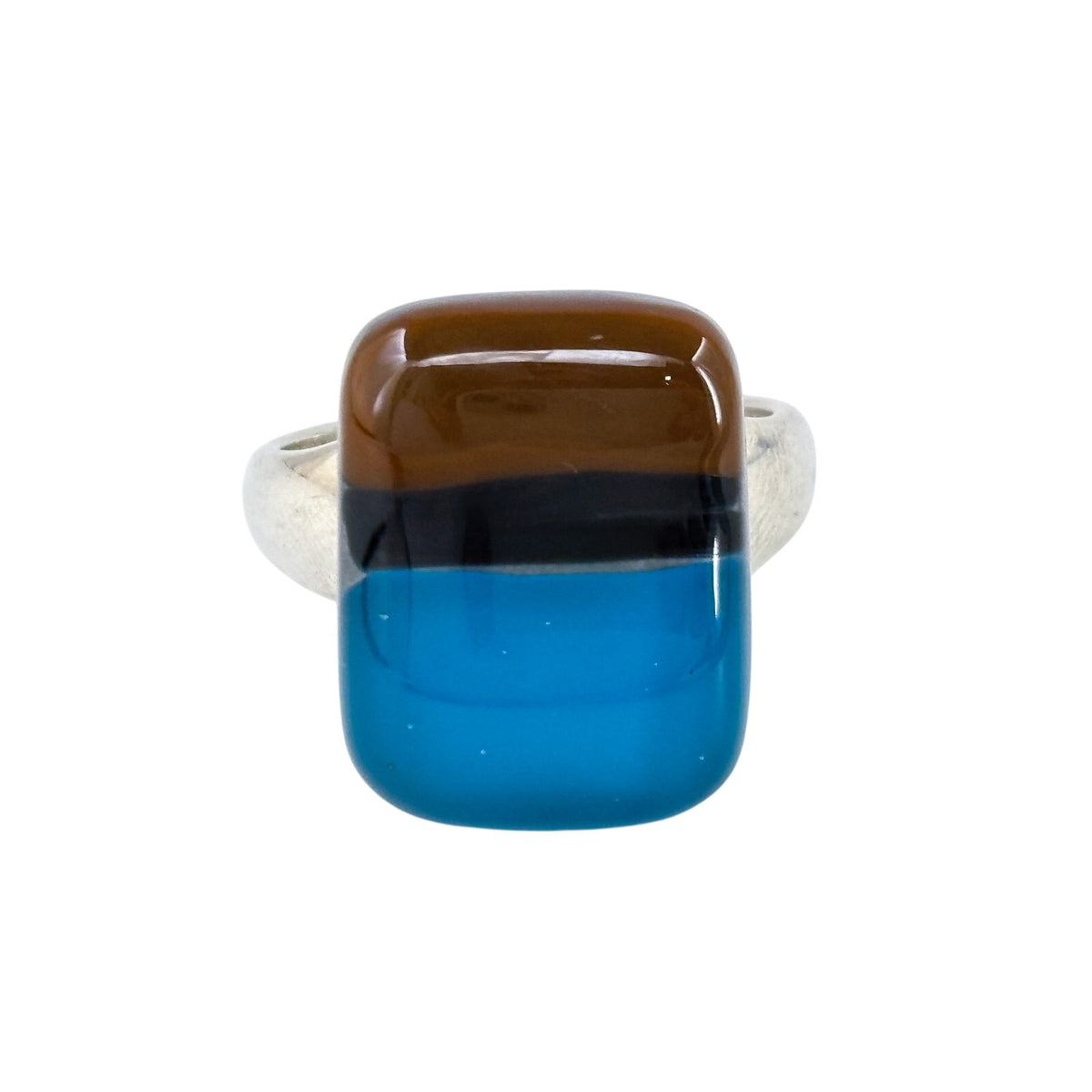 Vintage Sterling Silver 925 Blue Brown Fused Glass Ring Size 7
