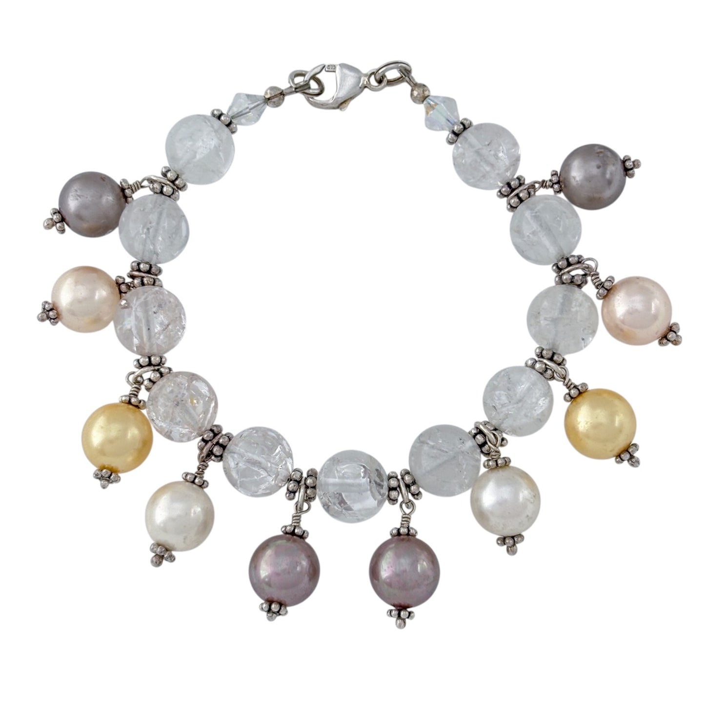 Vintage Sterling Silver 925 Quartz Imitation Pearl Bracelet 7.5"