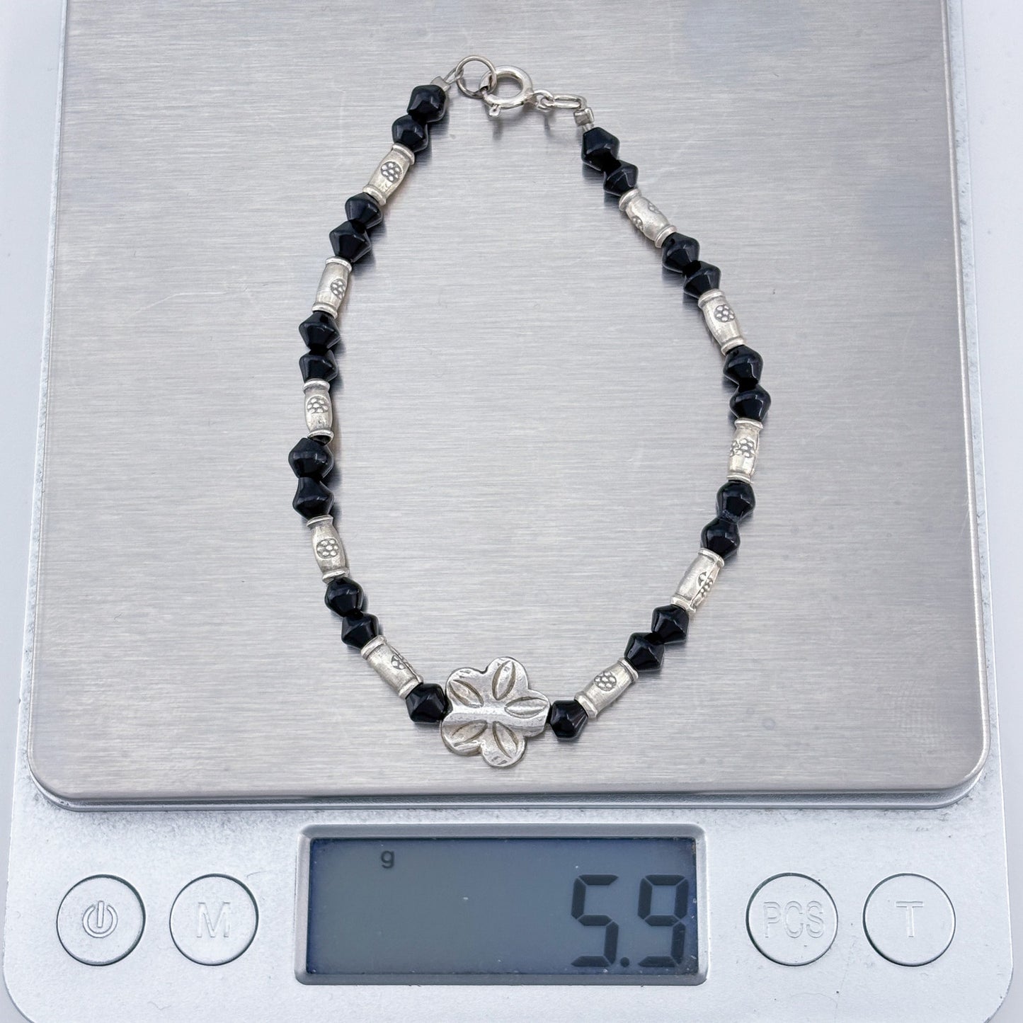 Vintage Sterling Silver 925 Black Onyx Flower Necklace 7"