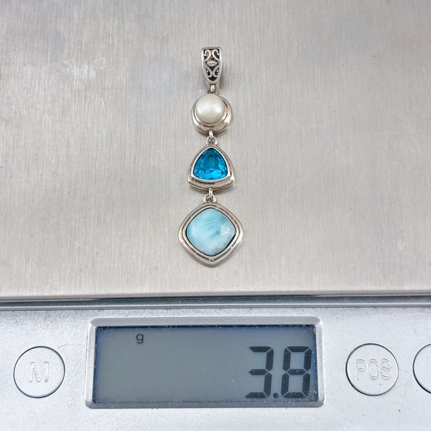 Vintage Sterling Silver 925 Pearl Larimar Cubic Zirconia Pendant