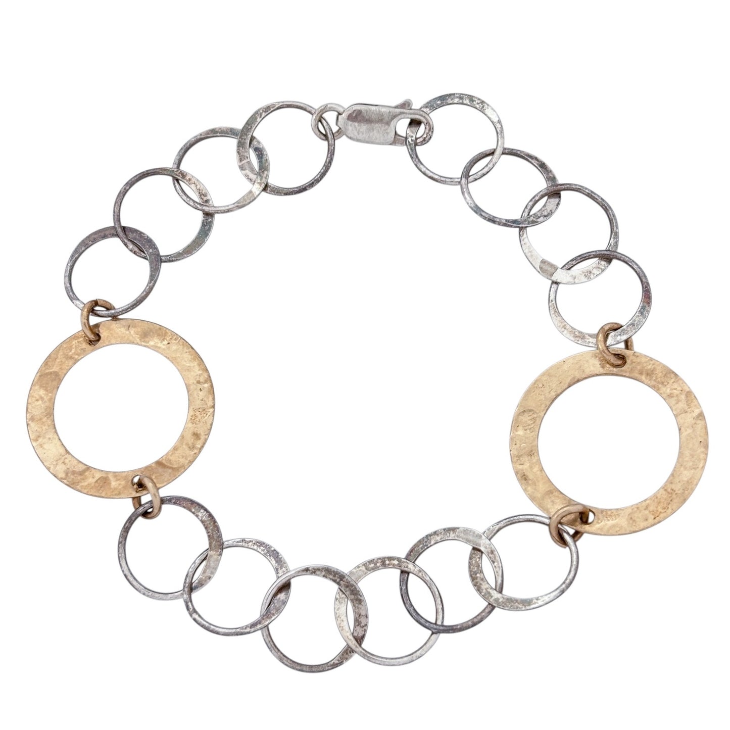Vintage Sterling Silver 925 Gold Tone Hammered Circle Link Bracelet 7.25"