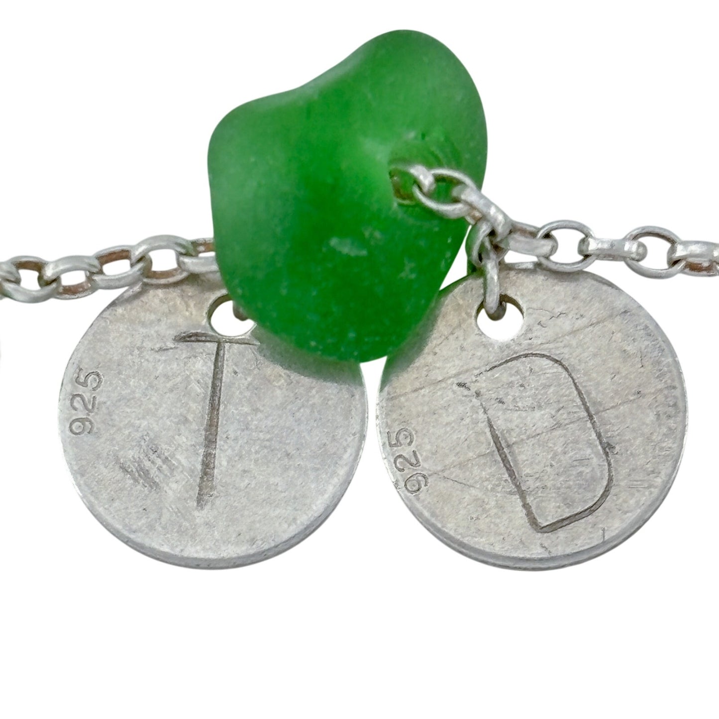 Vintage Sterling Silver 925 Sea Glass Initial DT or TD Bracelet 7"