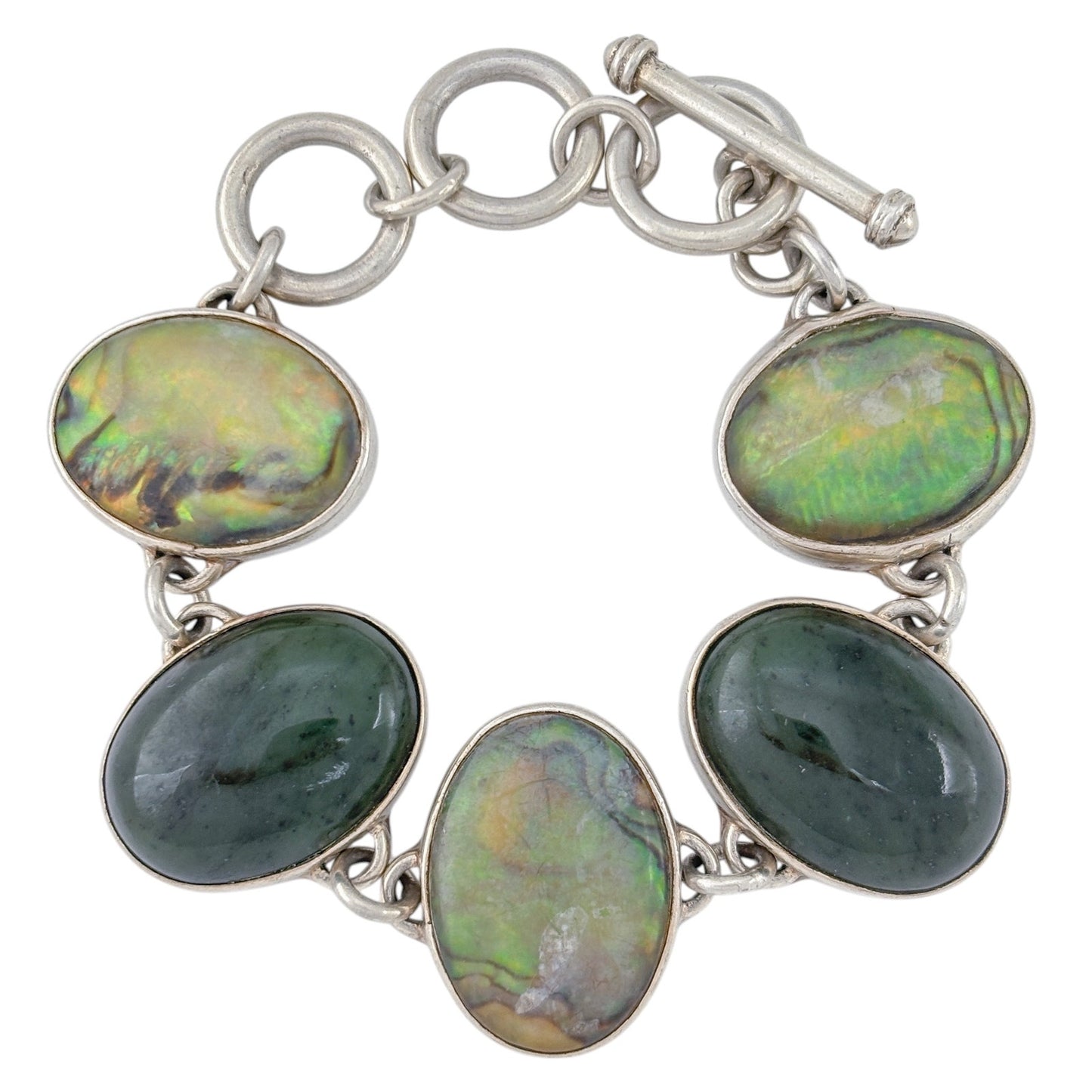 Vintage Sterling Silver 925 Abalone and Nephrite Link Bracelet 6-7"