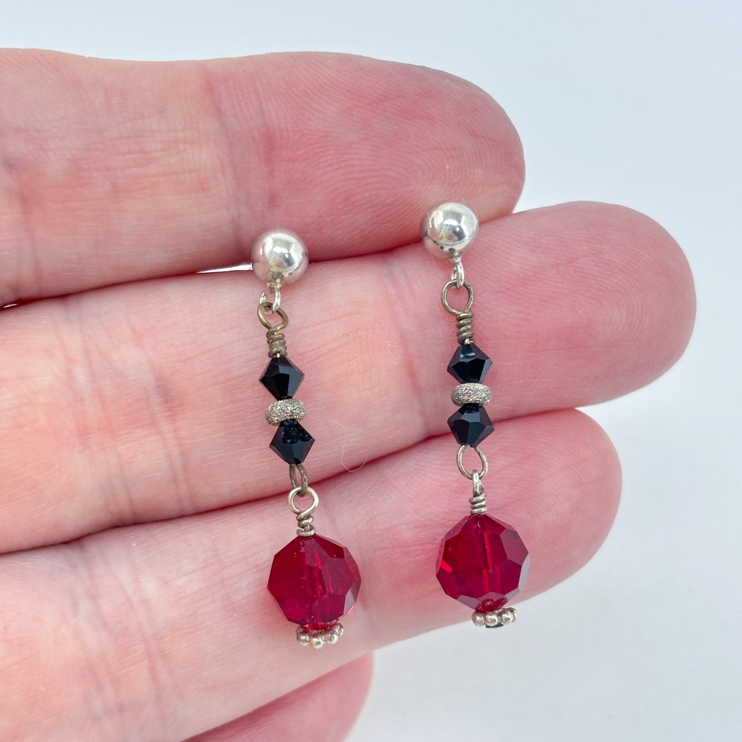 Vintage Sterling Silver 925 Red Crystal Bead Drop Earrings