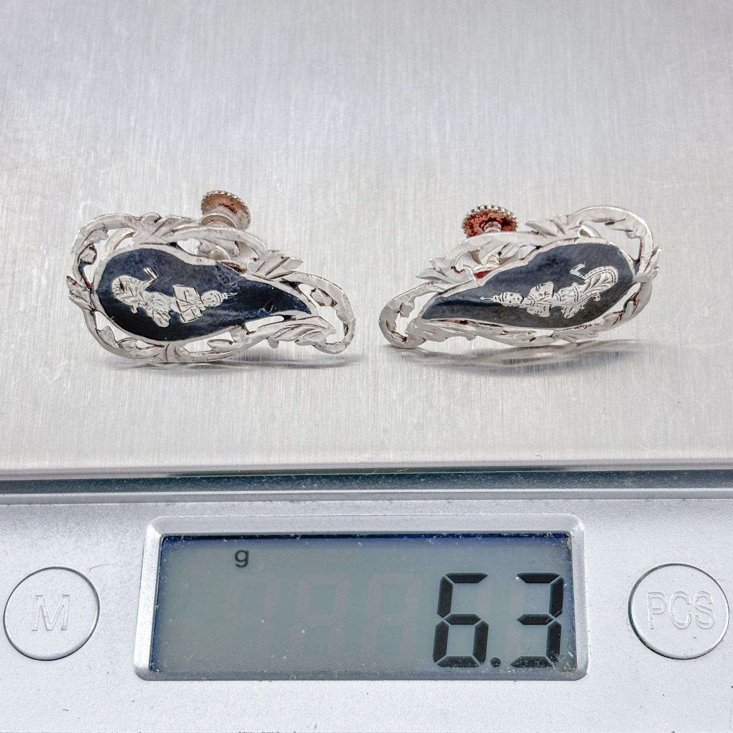 Vintage Sterling Silver 925 Siam Niello Dancer Screw Back Earrings