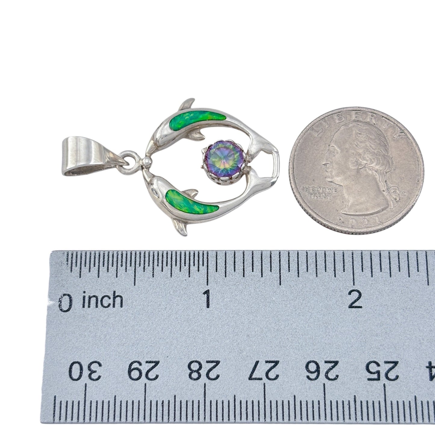 Vintage Sterling Silver 925 Green Opal Mystic Cubic Zirconia Dolphin Pendant