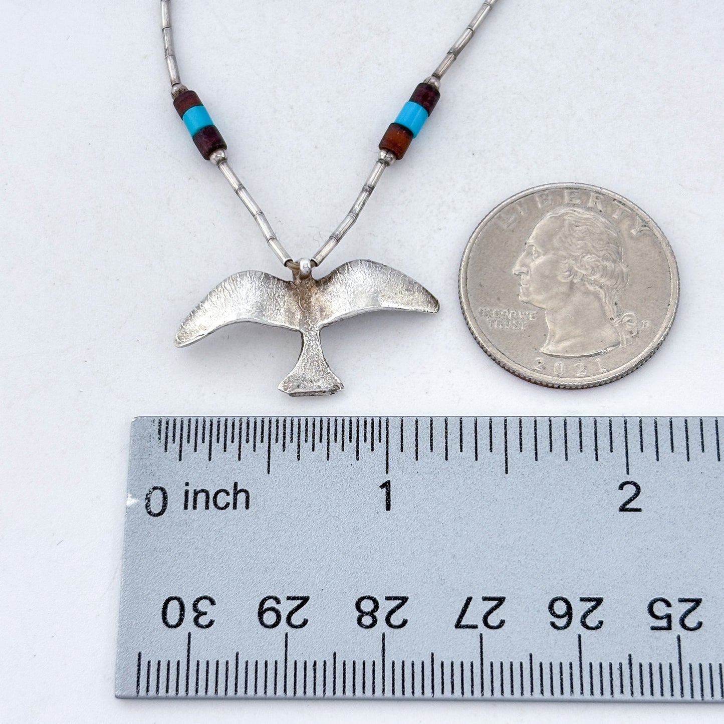 Vintage Sterling Liquid Silver 925 Turquoise Wood Bird Heishi Necklace 16.5"