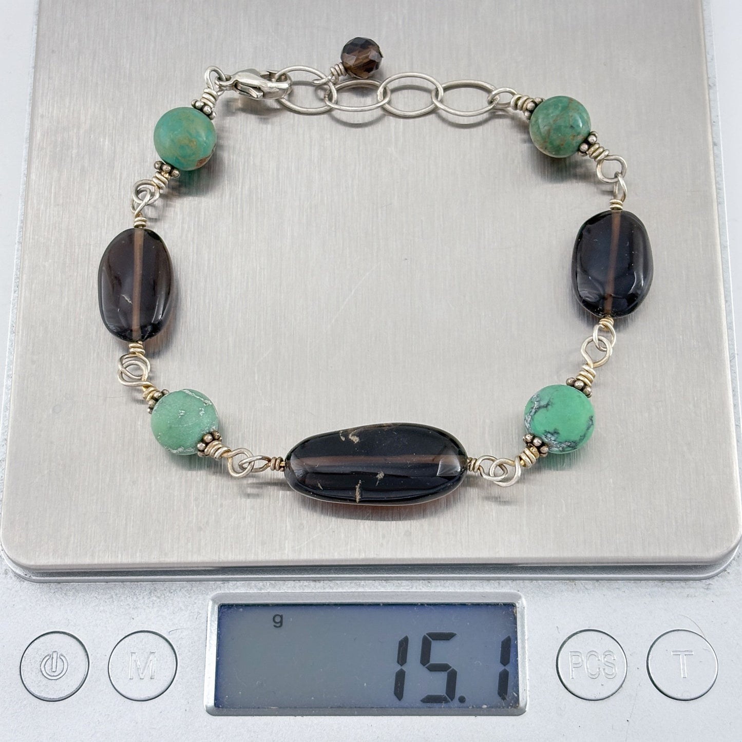 Vintage Sterling Silver 925 Turquoise Smoky Quartz Bracelet 7.5"-8.5"