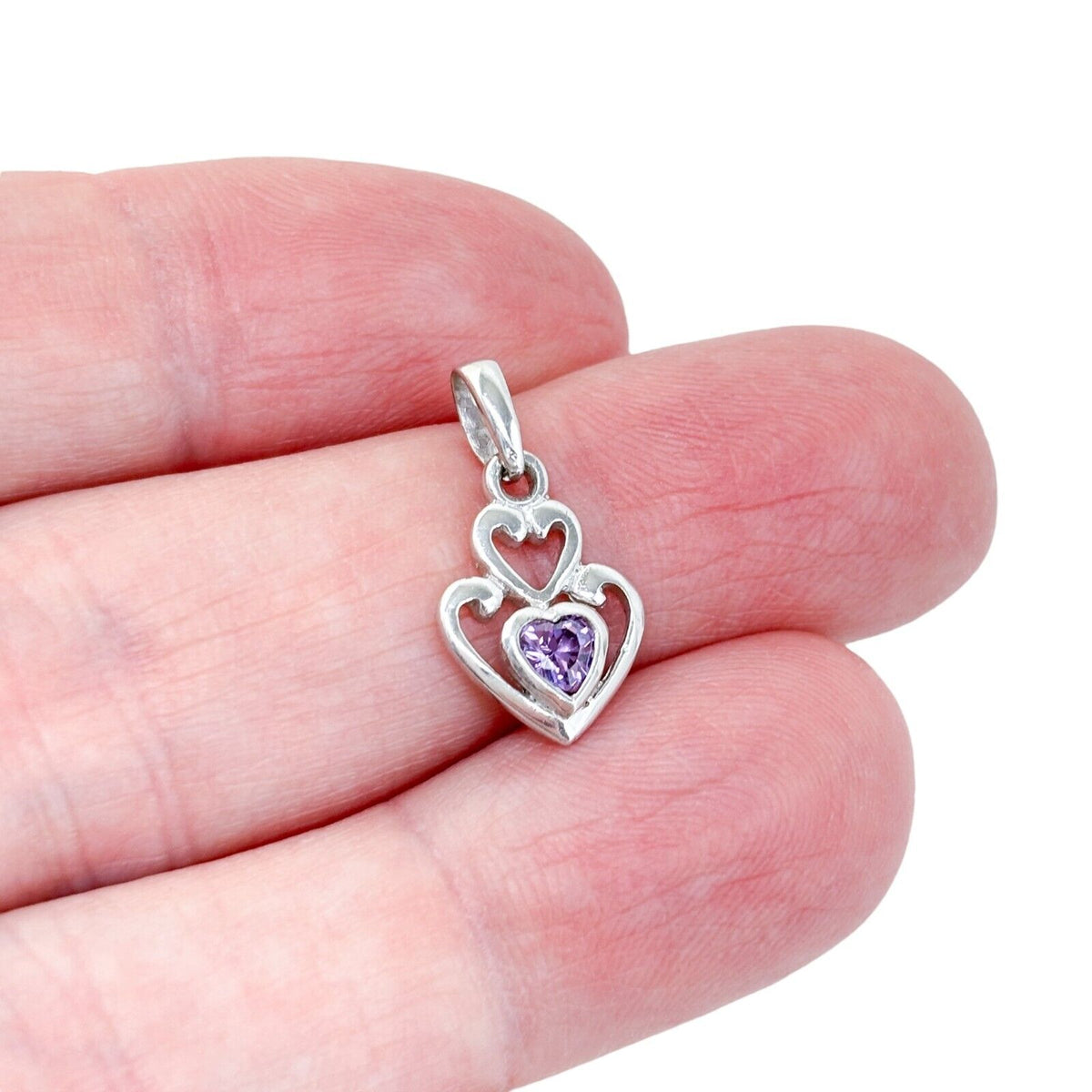 Vintage Sterling Silver 925 Double Heart Purple Cubic Zirconia Pendant