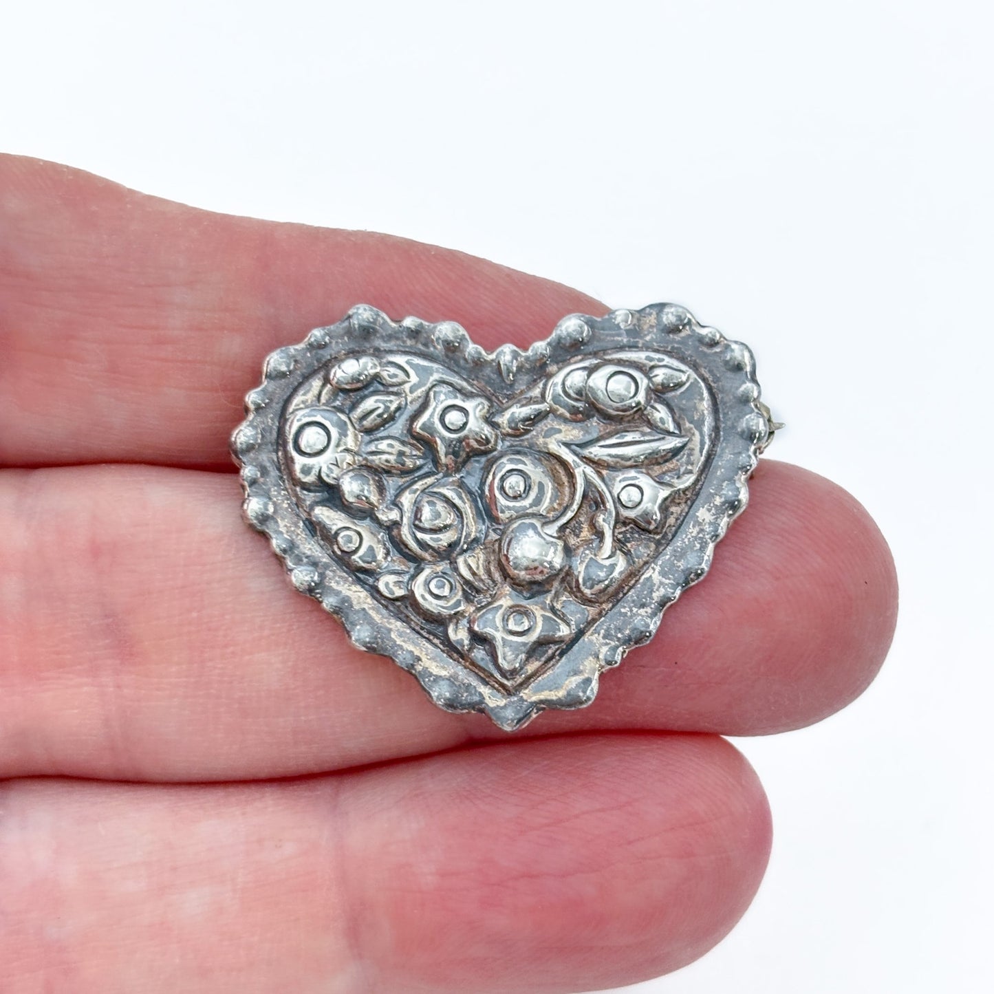 Vintage Sterling Silver 925 Heart Flower Brooch