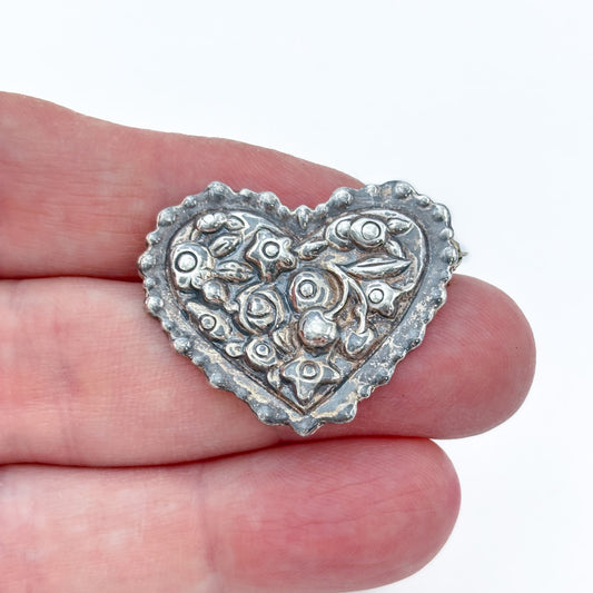 Vintage Sterling Silver 925 Heart Flower Brooch