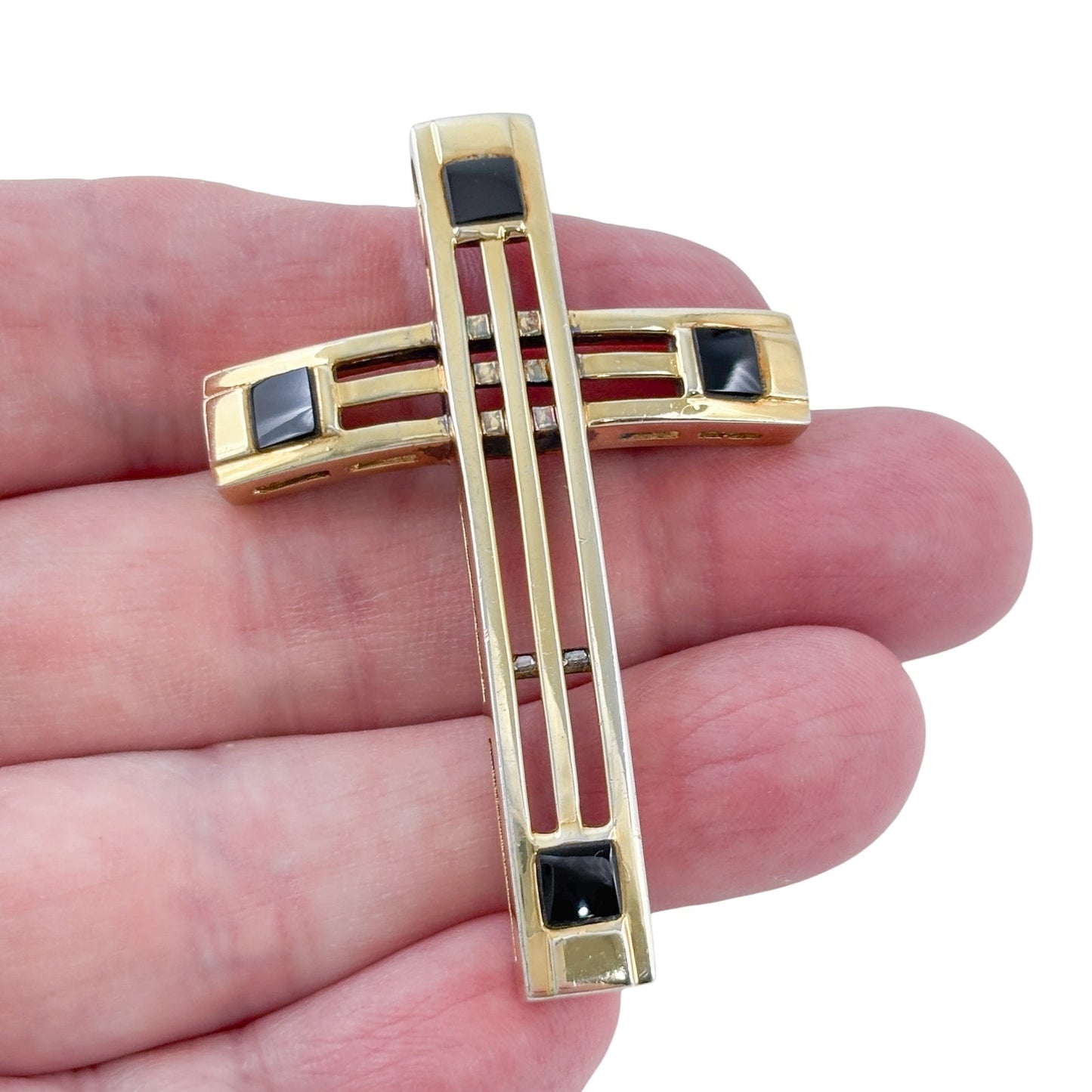 Vintage Sterling Silver 925 Gold Plated Onyx Cross Pendant