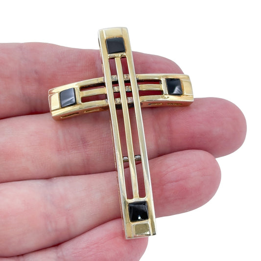 Vintage Sterling Silver 925 Gold Plated Onyx Cross Pendant