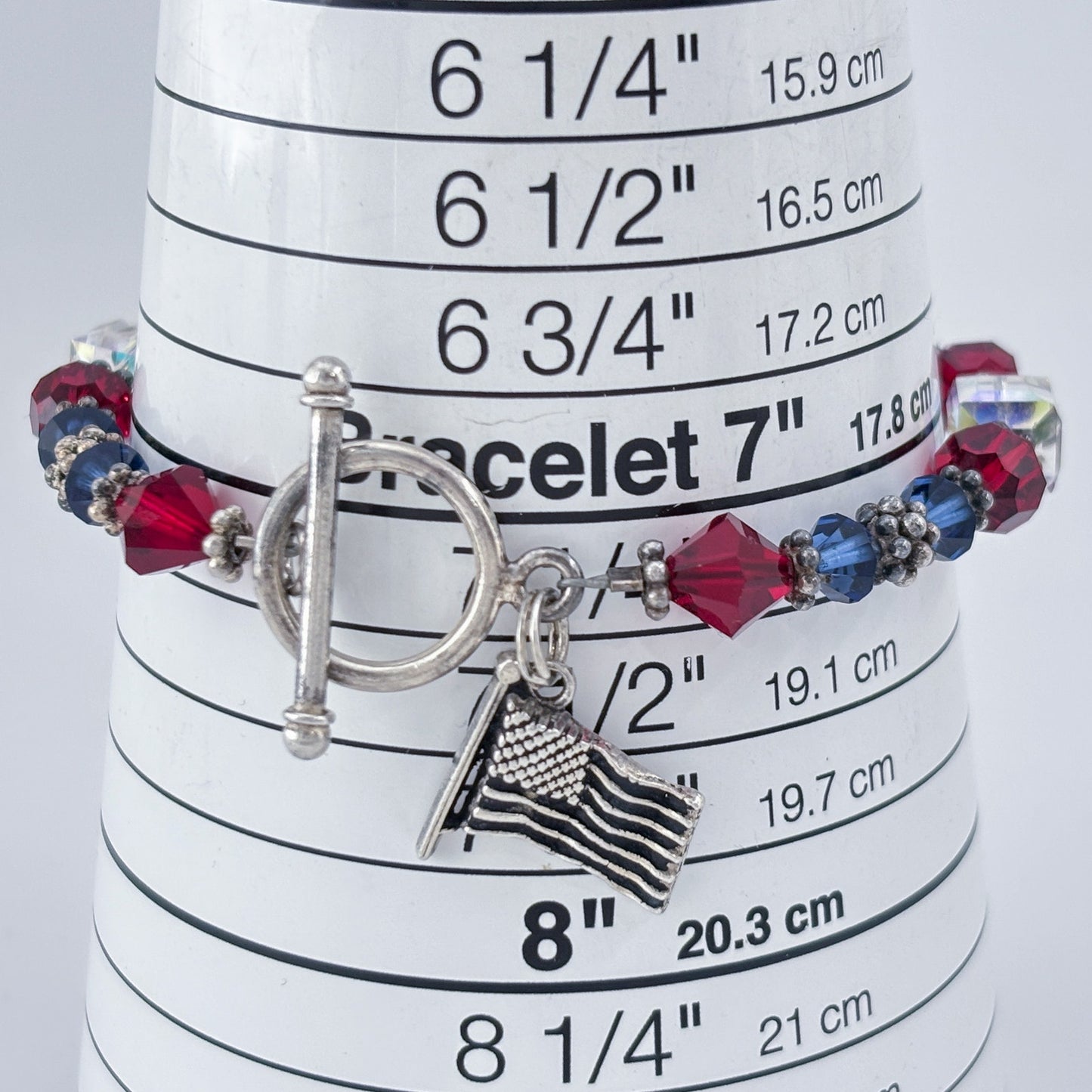 Vintage Sterling Silver 925 Patriotic Crystal Flag Charm Bracelet 7.5"