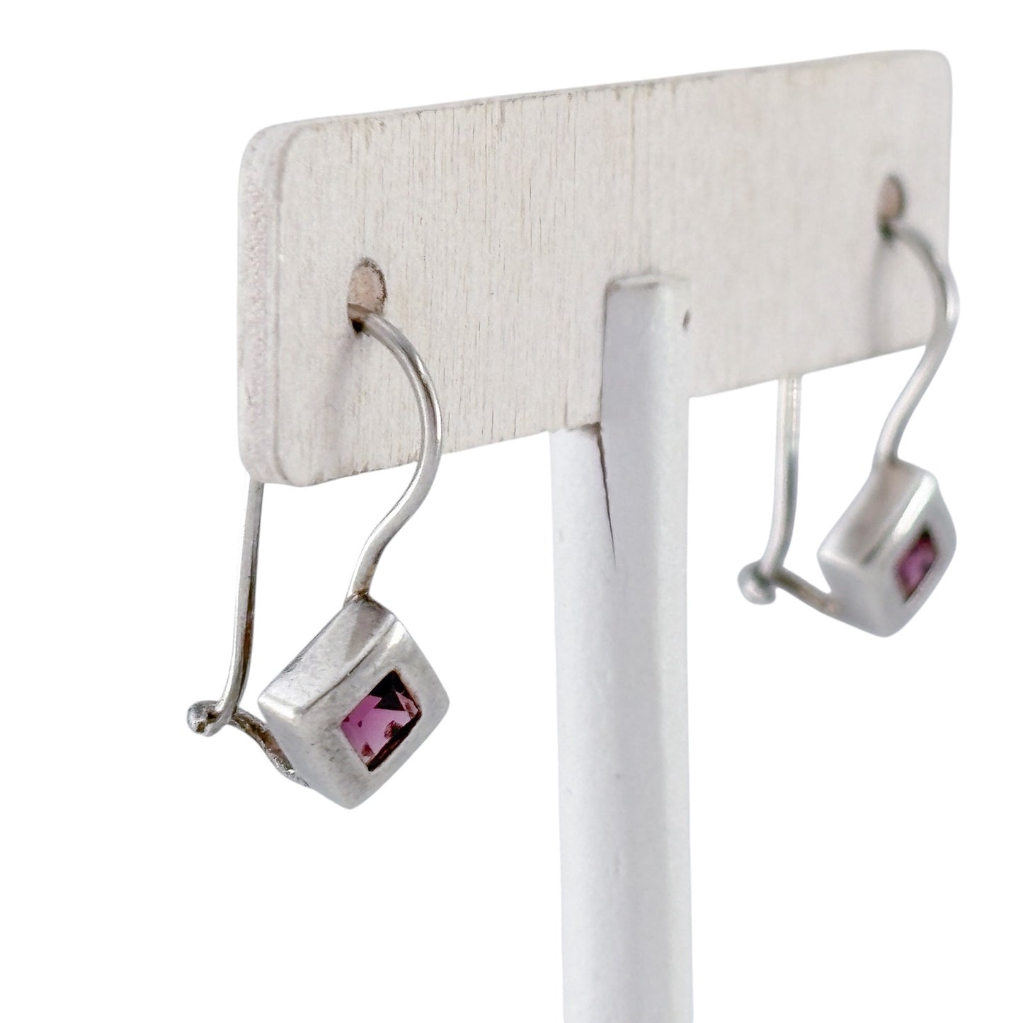 Vintage Sterling Silver 925 Purple Crystal Square Drop Earrings