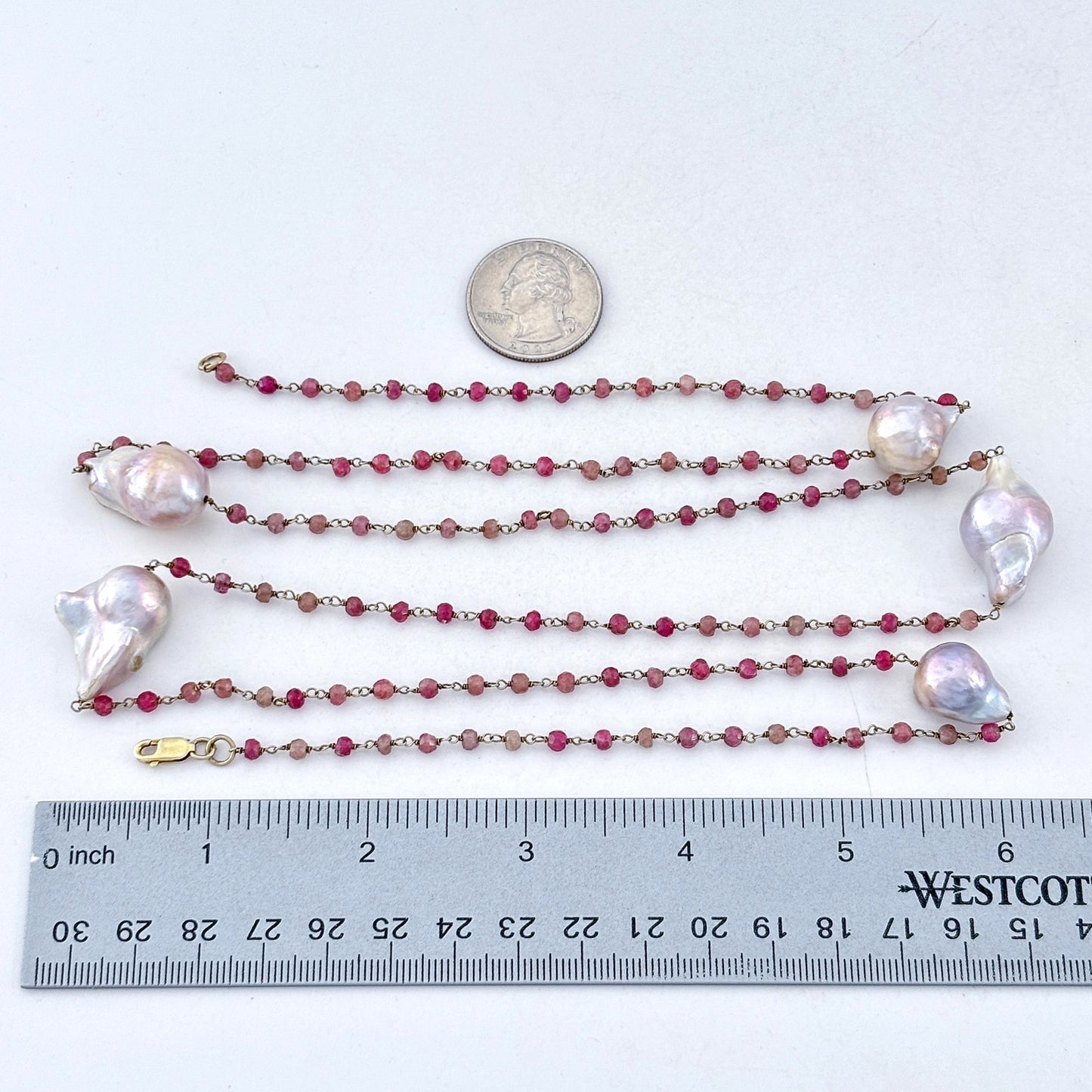 Vintage Sterling Silver 925 Tourmaline Baroque Imitation Pearl Necklace 37"
