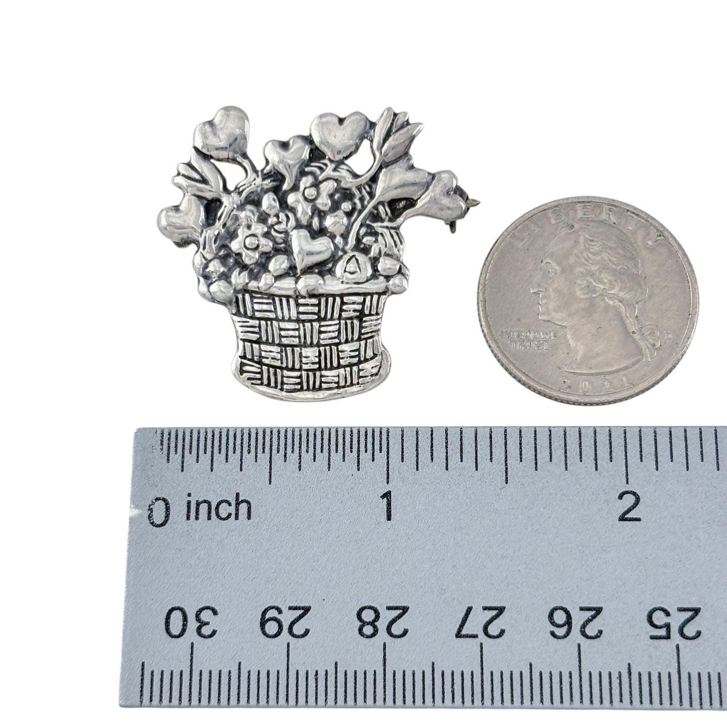 Vintage Sterling Silver 925 Mary Engelbreit Heart Flower Basket Brooch