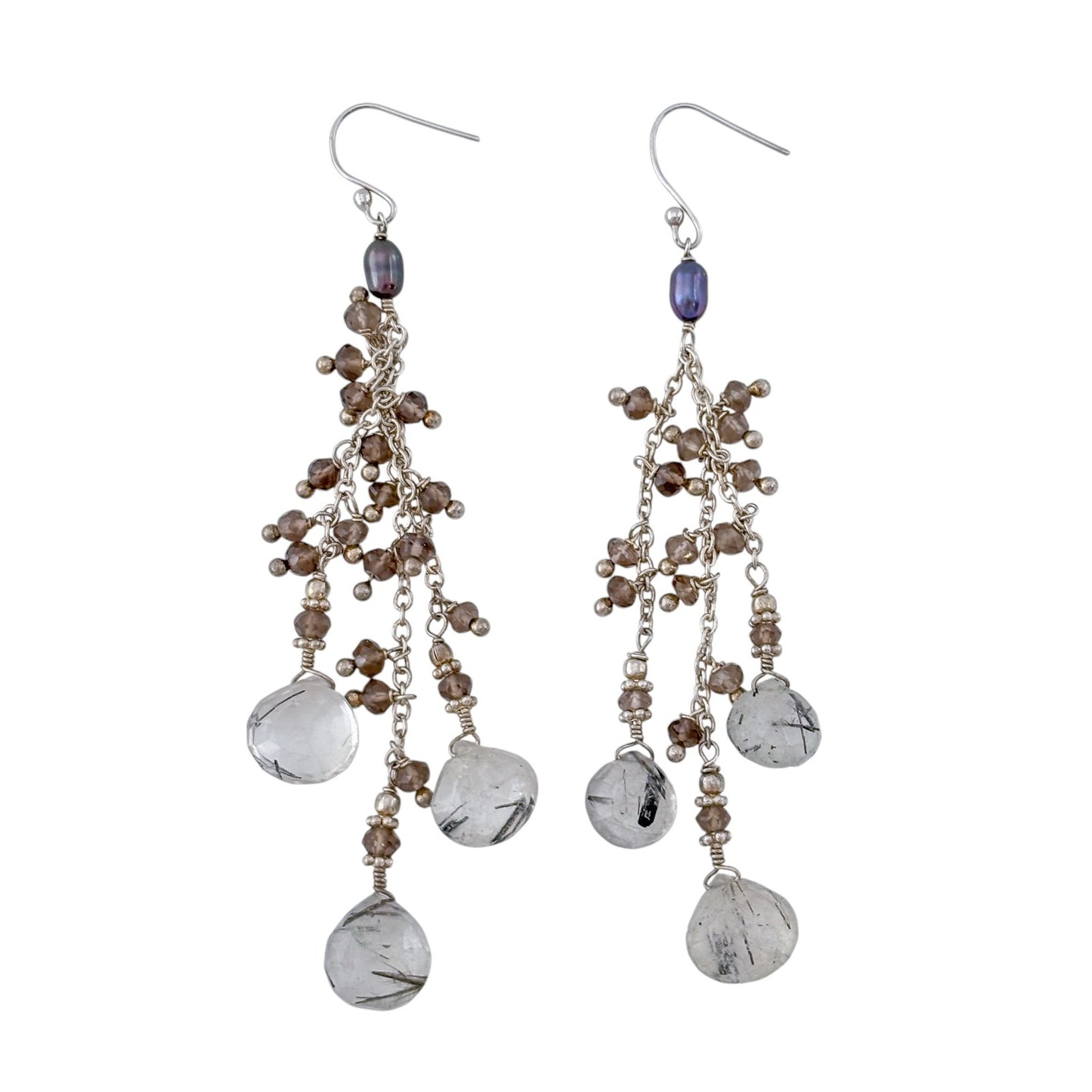 Vintage Sterling Silver 925 Rutilated Smoky Quartz Pearl Dangle Earrings