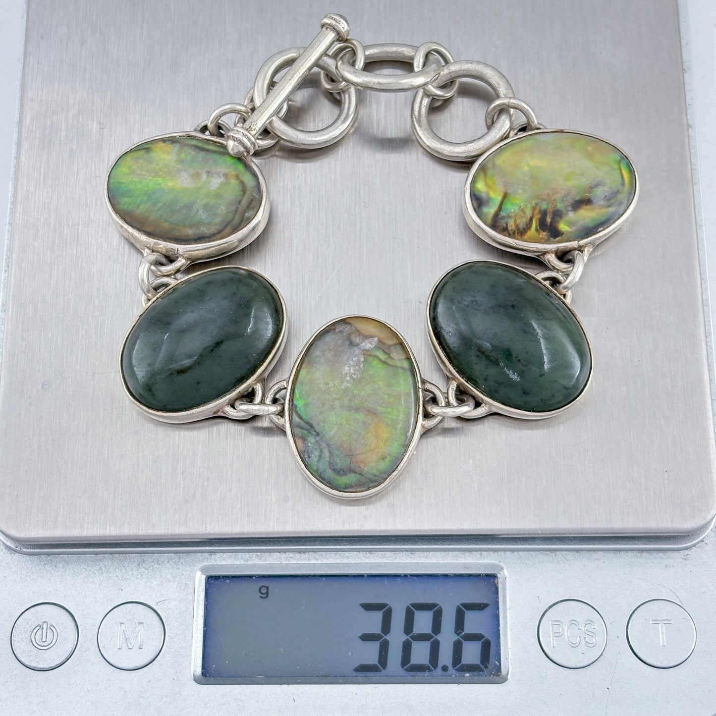 Vintage Sterling Silver 925 Abalone and Nephrite Link Bracelet 6-7"