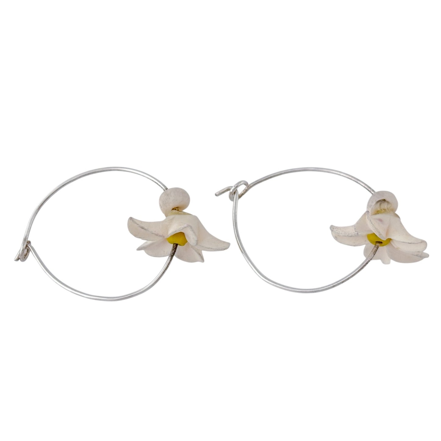 Vintage Sterling Silver 925 White Flower Hoop Earrings