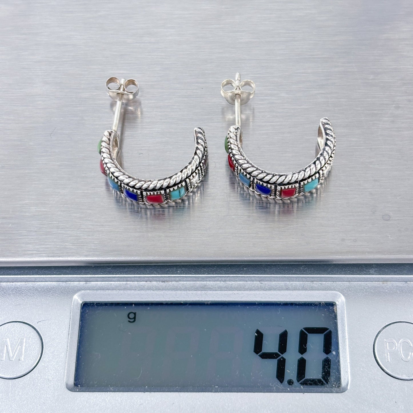 Estate Sterling Silver 925 Multi Gemstone Hoop Earrings