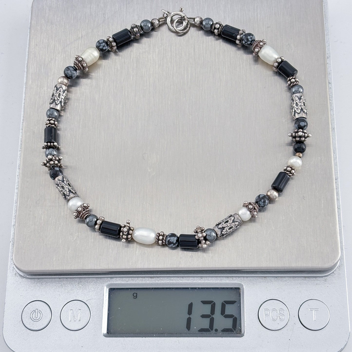 Vintage Sterling Silver 925 Snowflake Obsidian Pearl Anklet 10"