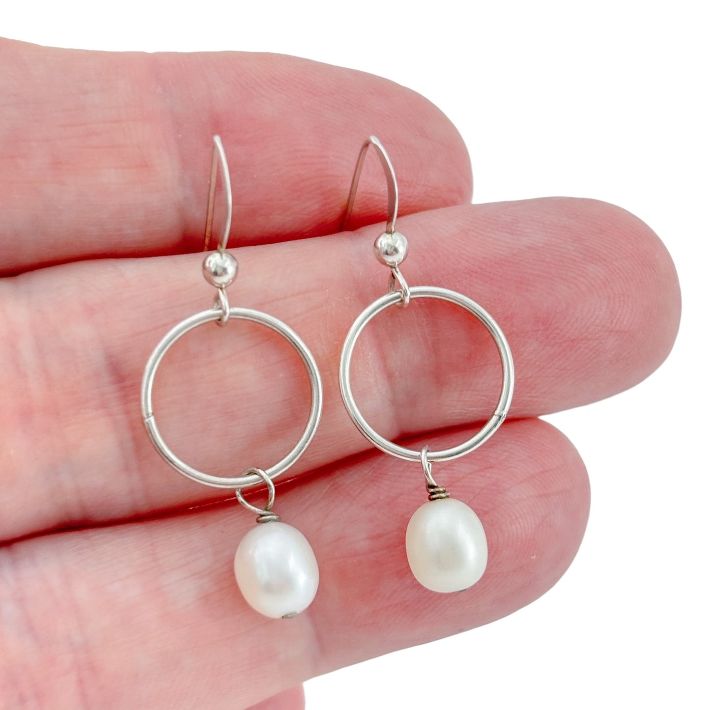 Vintage Sterling Silver 925 White Pearl Hoop Dangle Earrings