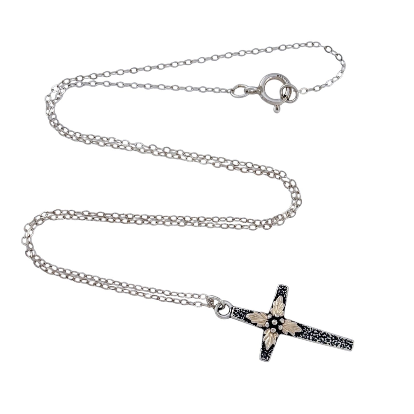 Vintage Sterling Silver 925 Floral Cross Pendant Necklace 18"