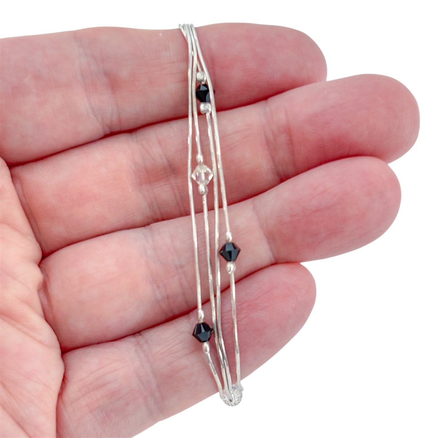 Vintage Sterling Silver 925 Multi Strand Crystal Bead Bracelet 7.25"