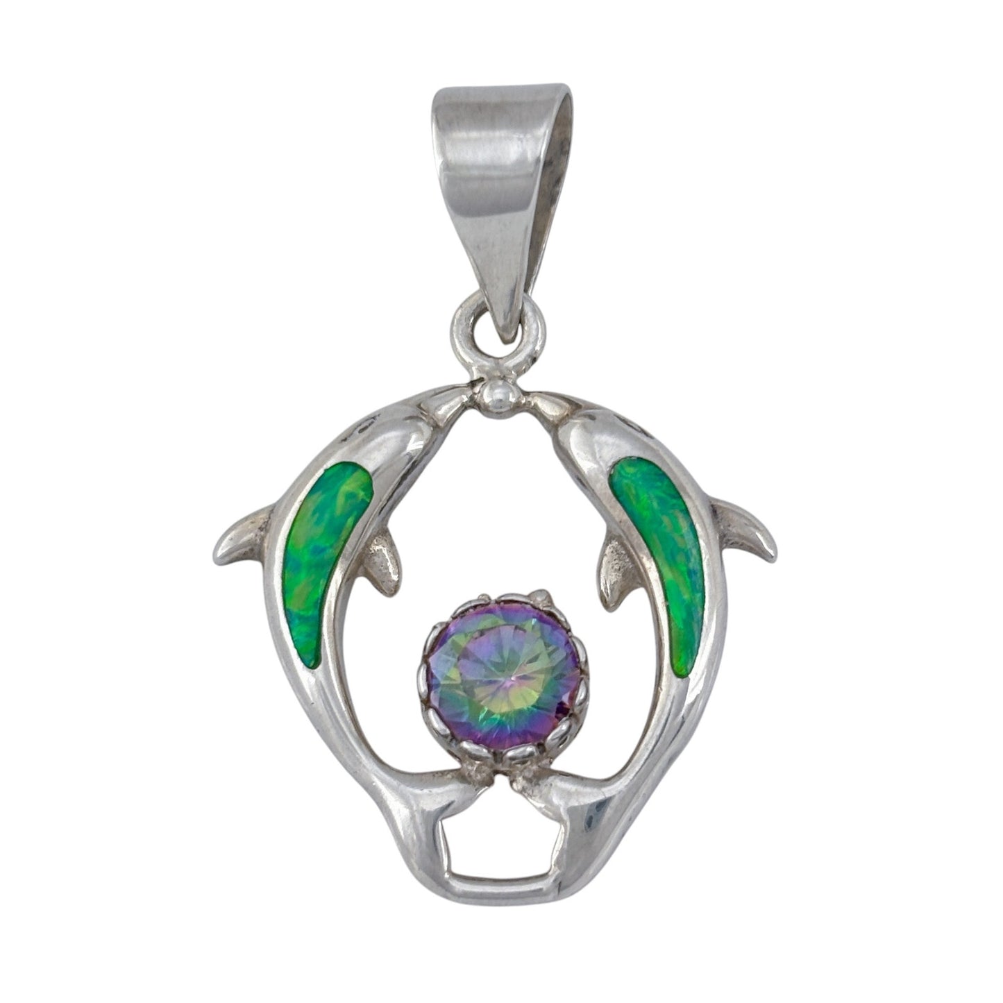 Vintage Sterling Silver 925 Green Opal Mystic Cubic Zirconia Dolphin Pendant