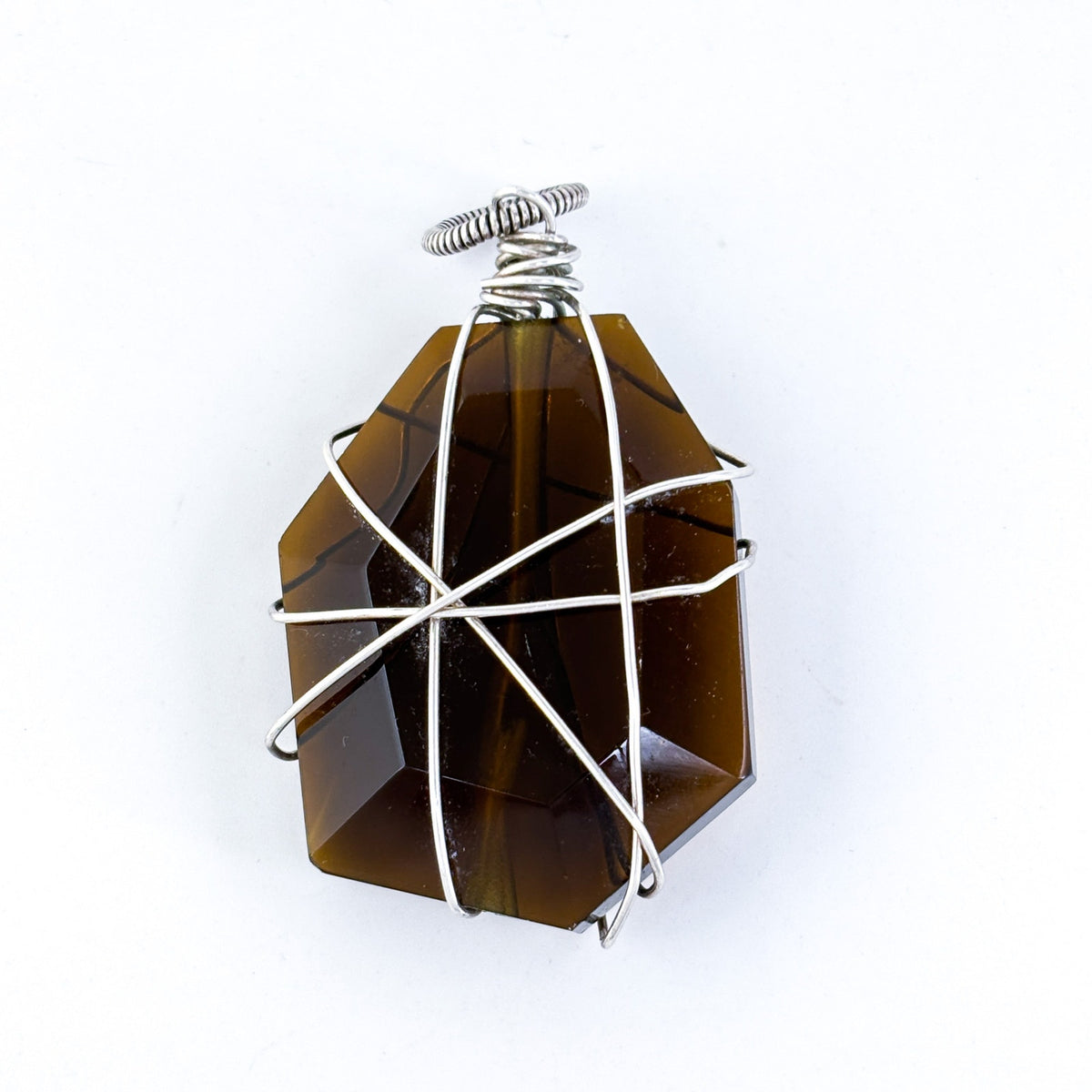Handcrafted Wire-Wrapped Glass Pendant | Brown Geometric