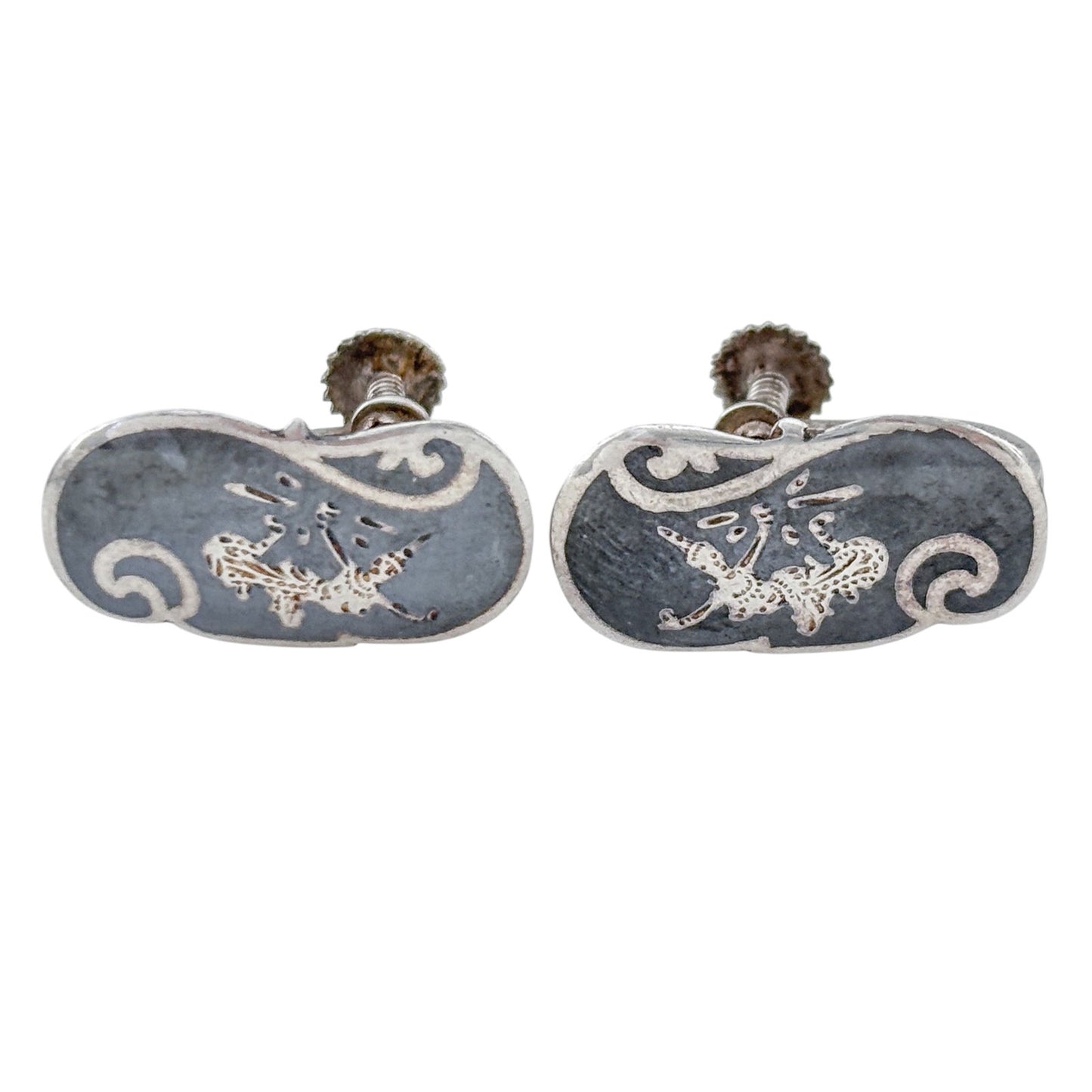 Vintage Siam Sterling Silver 925 Black Niello Dancer Screwback Earrings