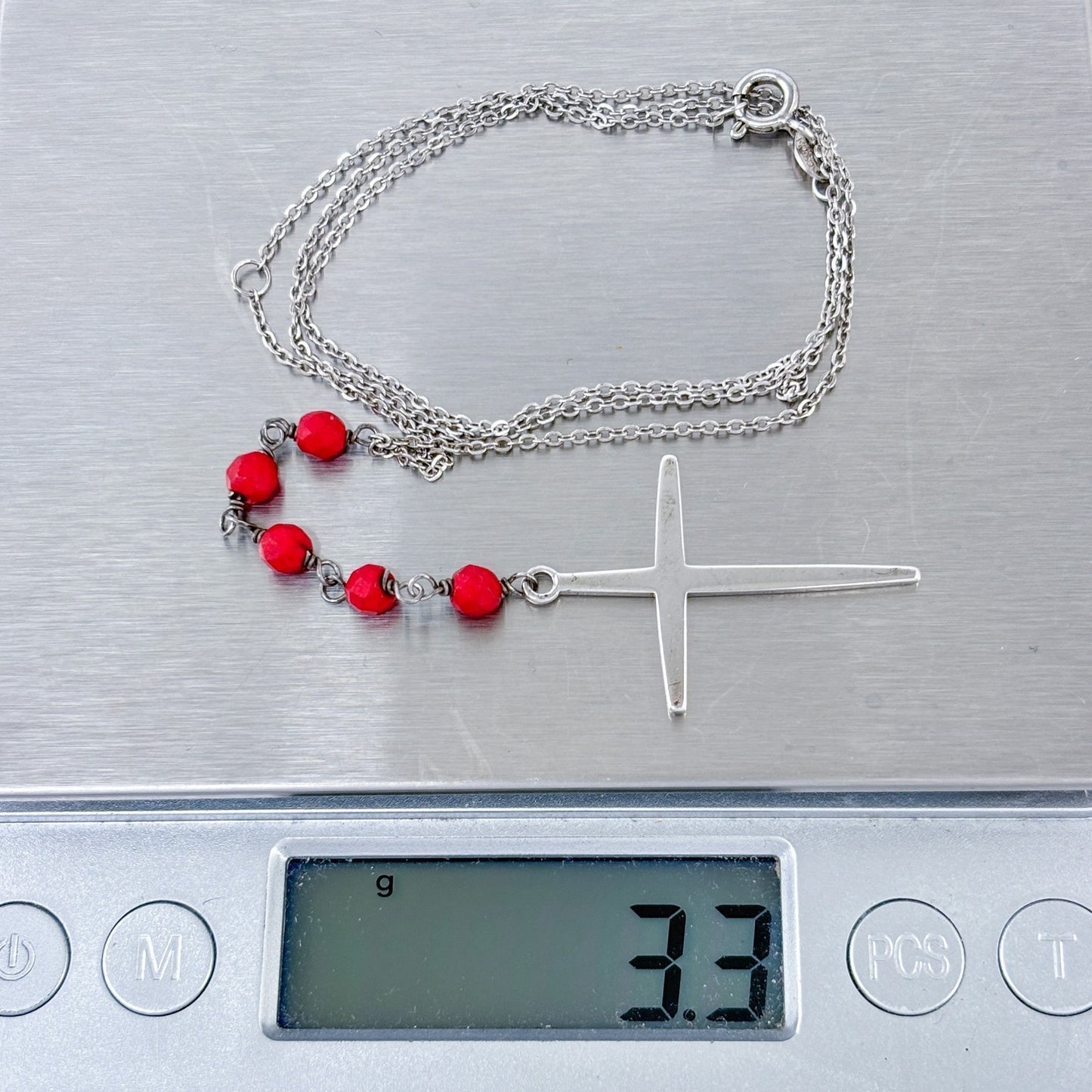 Vintage Sterling Silver 925 Red Glass Bead Y Necklace 16"-18"