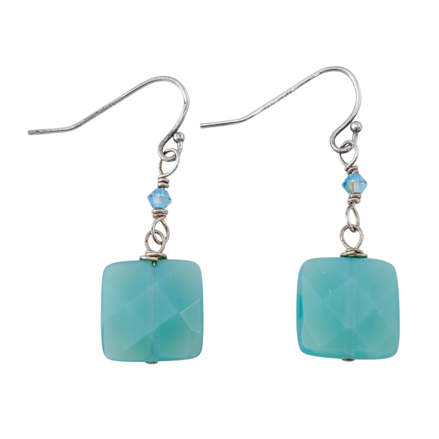 Vintage Sterling Silver 925 Crystal & Glass Square Bead Dangle Earrings