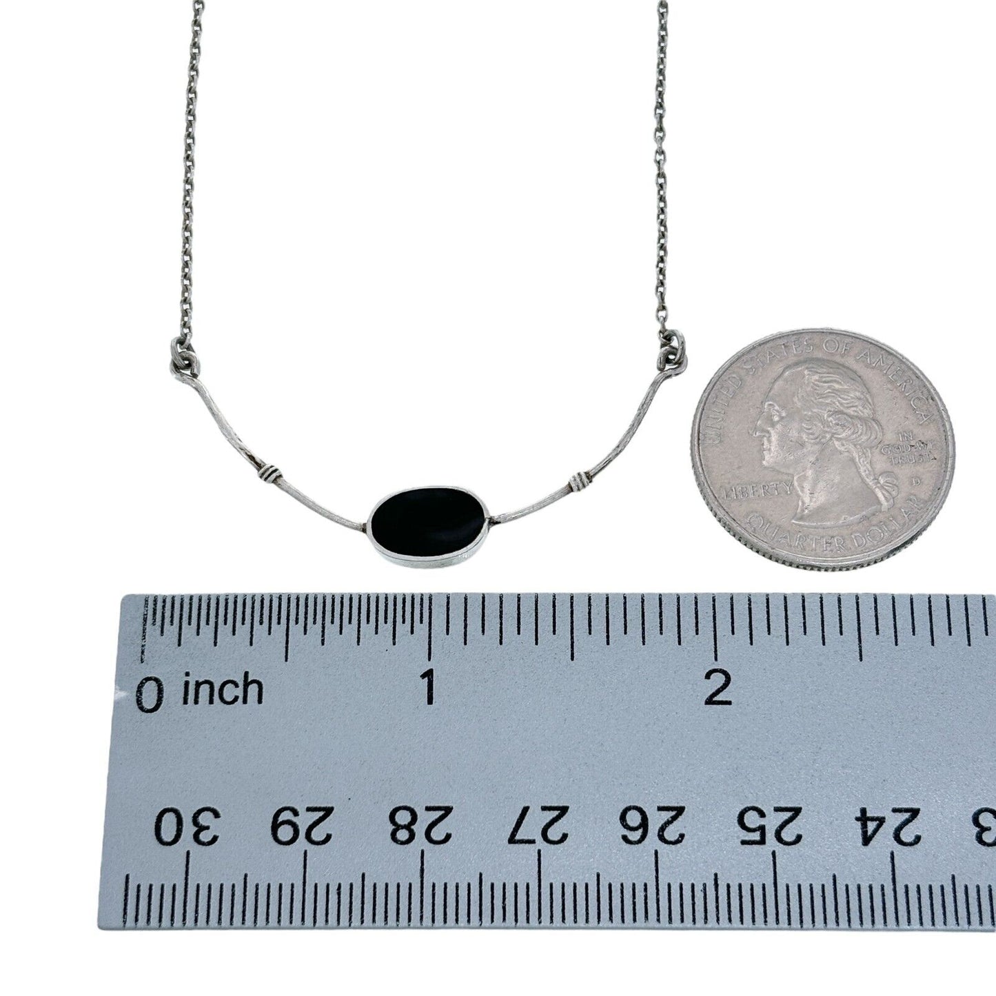 Vintage Silver-Tone Oval Black Resin Pendant Necklace 15"