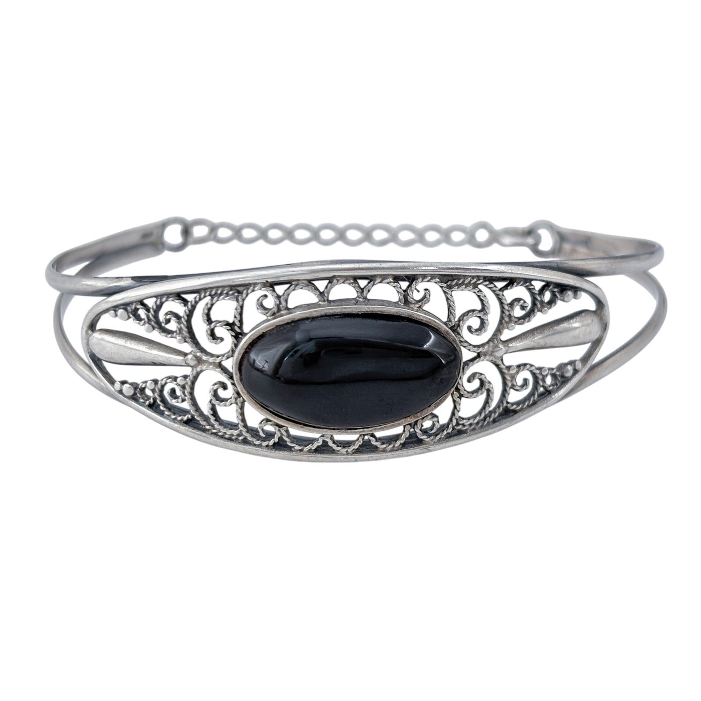 Vintage Sterling Silver 925 Onyx Filigree Cuff Bracelet 7"