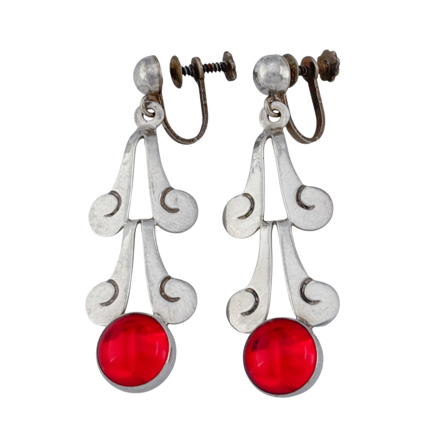 Vintage Sterling Silver 925 Red Glass Dangle Earrings